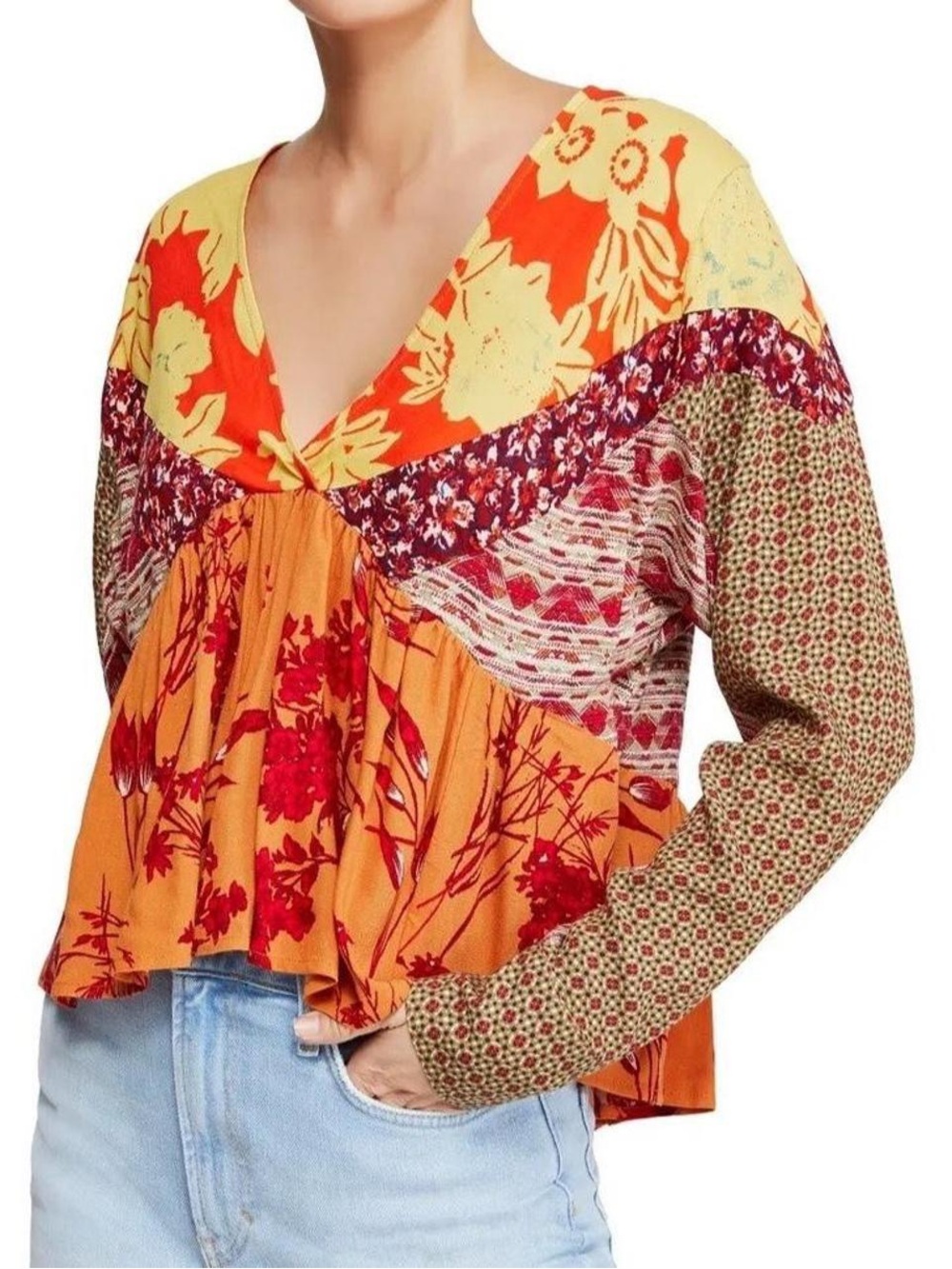 Free People Patchwork Aloha Peplum Babydoll Long Sleeve Top Blouse Boho Medium